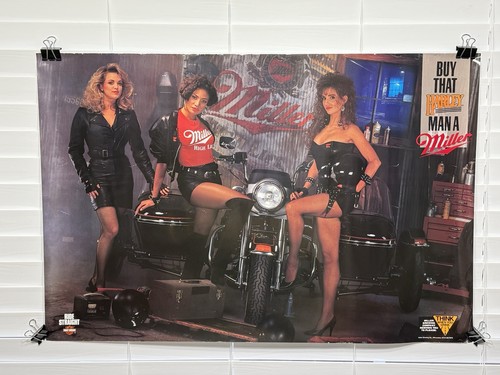 Vintage BUY THAT HARLEY MAN A MILLER DAVIDSON Sexy Woman Beer Poster 30 X 20