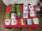 17 Vintage MILK GLASS Advertising MUGS Fire King Federal Glasbake Blue Delphite