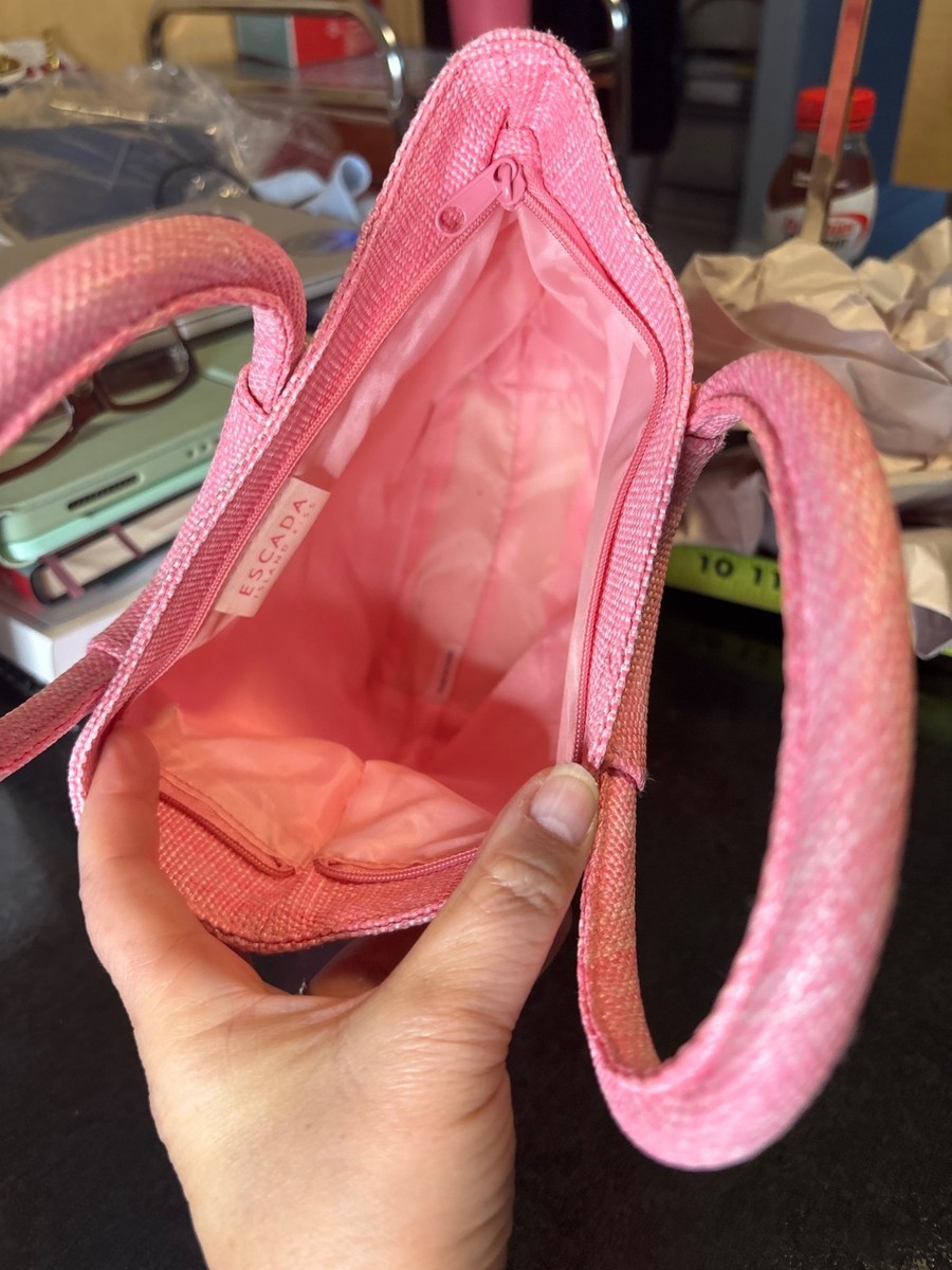 Escada Island Kiss Pink Woven Straw Tote Bag With Sequin Heart