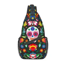 Mexican Skull Skeleton Floral Sling Bag For Women Men Travel Hiking Backpack ...