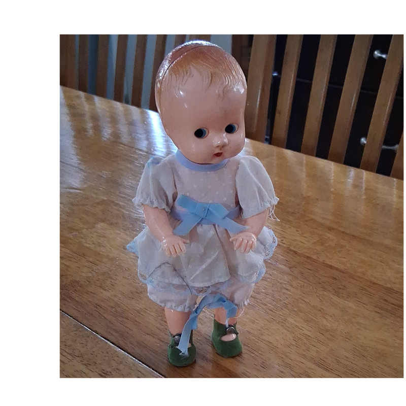 Ideal Baby Doll Red Wavy Hair Blue Dress Green Shoes Removable Clothes
