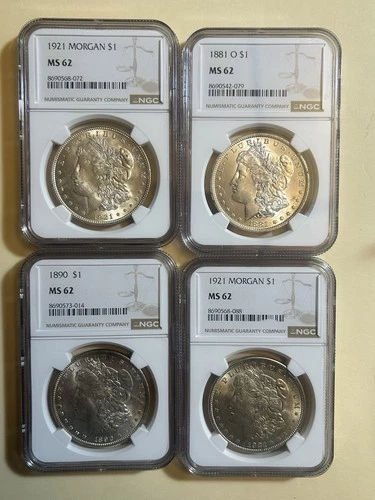 LOT OF (4) MS62 GRADED MORGAN SILVER DOLLARS NGC 1881,90,21 🔥🔥📈📈