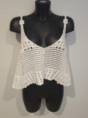 Monsoon Größe M/L 12-14 weiß Häkel Strick Crop Top Trägertop NEU