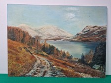 Large Unframed Mountain Lake Landscape Oil on Board Painting Unsigned