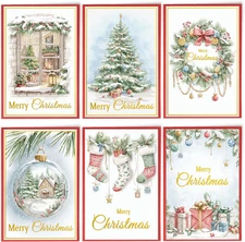 24 Christmas Cards Assortment, Festive Gold Foil Glitter Watercolor w/ Envelopes
