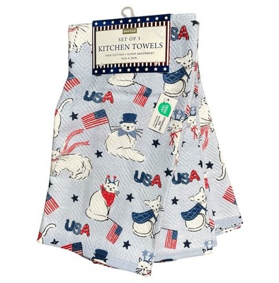 NEW Envogue Kitchen Towels S/3 Blue Patriotic Kitty Cats 4th of July Celebration