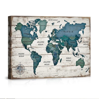 Rustic World Map Canvas Wall Art Decor Vintage Wood Map Home Office Poster Print
