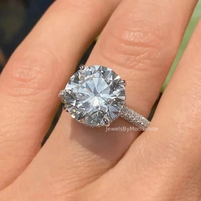 3.50 Ct Hidden Halo Round Cut Moissanite 3 Side Pave Engagement Ring 925 Silver