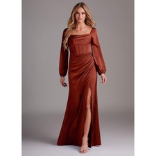 NWT Azazie Long Sleeve A Line Dress Sz 8 Stretch Satin in Terracotta Wedding