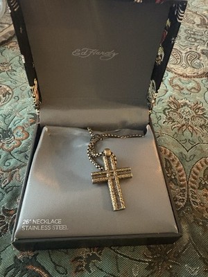 Ed Hardy Cross Necklace 26  Stainless Steel Chain Pendant w/ Box