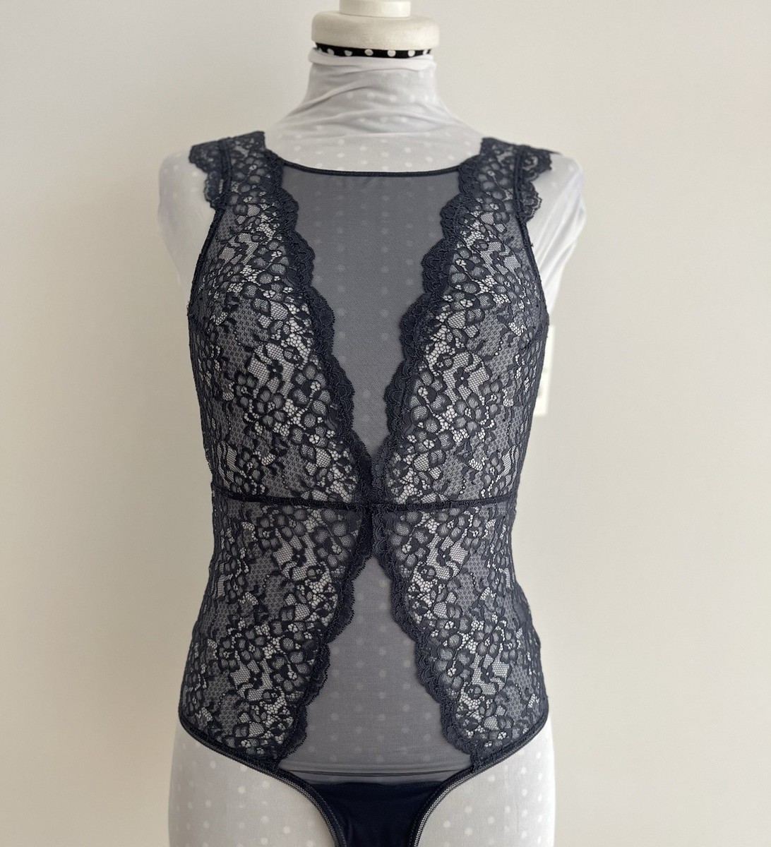 OYSHO Bodysuit Sheer Grey Lace Mesh Bodice Plunge Open Back S NWT