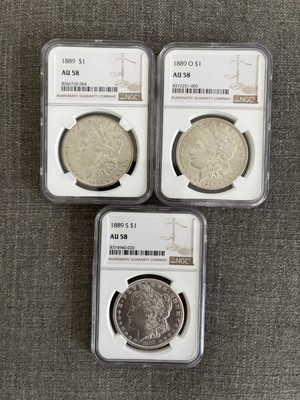 Lot - 3 AU NGC Morgan Silver Dollars - 1889, 1889 O, 1889 S