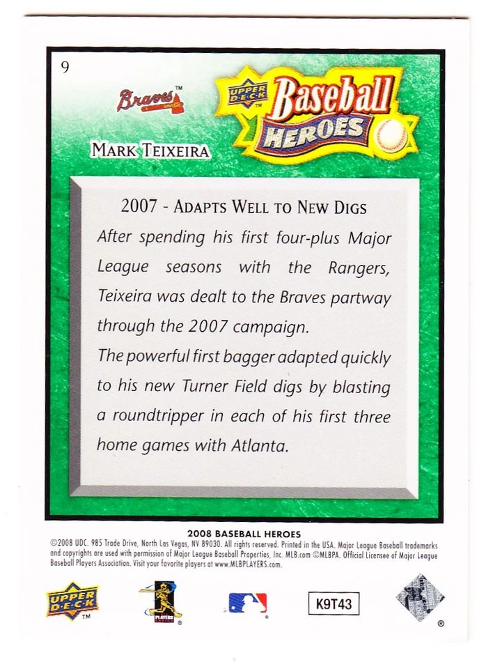 2008 Upper Deck Baseball Heroes Mark Teixeira Emerald /499 Atlanta Braves #9 - Image 2 of 2