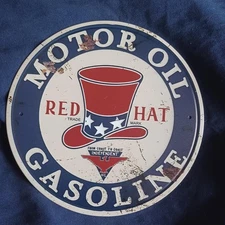 8" Round Metal Sign Man Cave Wall Art Garage Bar Gas Station Red Hat Gas & Oil