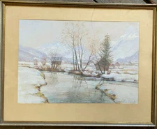 Aquarell Undeutl. Sign. Winter Landscape At The River With Cabins And Trees