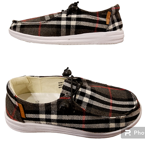 Corkys Canvas Slip On Sneakers Kayak Womens 7 Gray Plaid Padded 51-0127-GYFL New