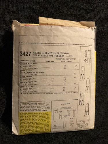 Vintage 70s McCalls 3427 Misses Men’s Apron Chaps/Detachable Potholders Complete - Afbeelding 3 van 3