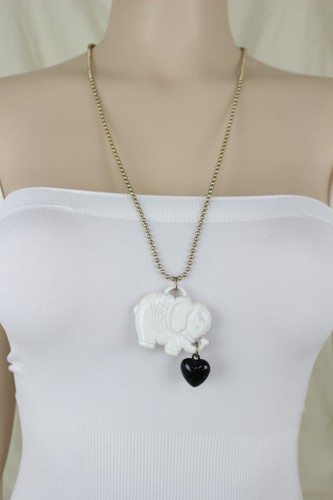 Women Long Gold Metal Fashion Necklace White Elephant Pendant Black Heart Love - Picture 7 of 12