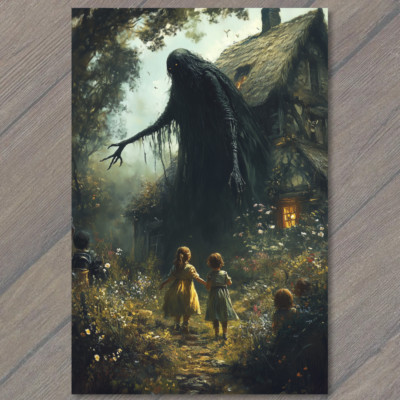 STICKER Monster Looming Over Cottage Children Night Forest Glowing Eyes Creepy