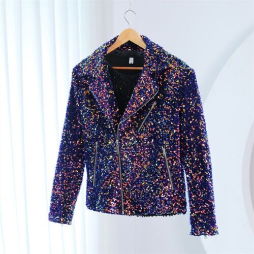 Men Glitter Sequin Motorcycle Biker Jacket Oblique Zip Coat Dinner Party Fashion - Picture 24 of 24