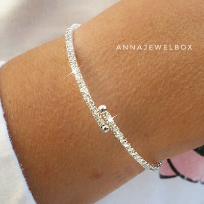 Silver CZ Cubic Zirconia Diamante Tennis Bracelet Flexible Bangle Bridal Gift UK