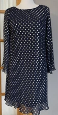 MSK Women’s Pleated Shift Dress S Navy Gold Dots Flared Sleeves Cocktail Wedding