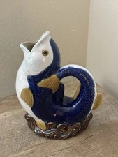 Vintage Majolica Gurgle Pot Vase Koi Carp Jug Pitcher Detailed 8.5" Fish