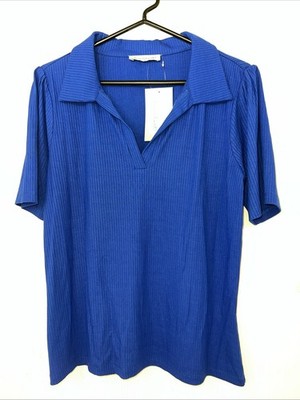 Keren Hart Polo Shirt Womens Large Blue Collar Ribbed Top