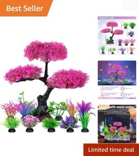 Aquarium Artificial Plastic Plants Decoration, Pink Cherry Blossom Tree Aquar...