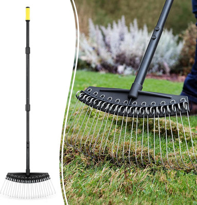 Thatch Rake with Curved Steel Tines and 61  Handle for Lawn Care