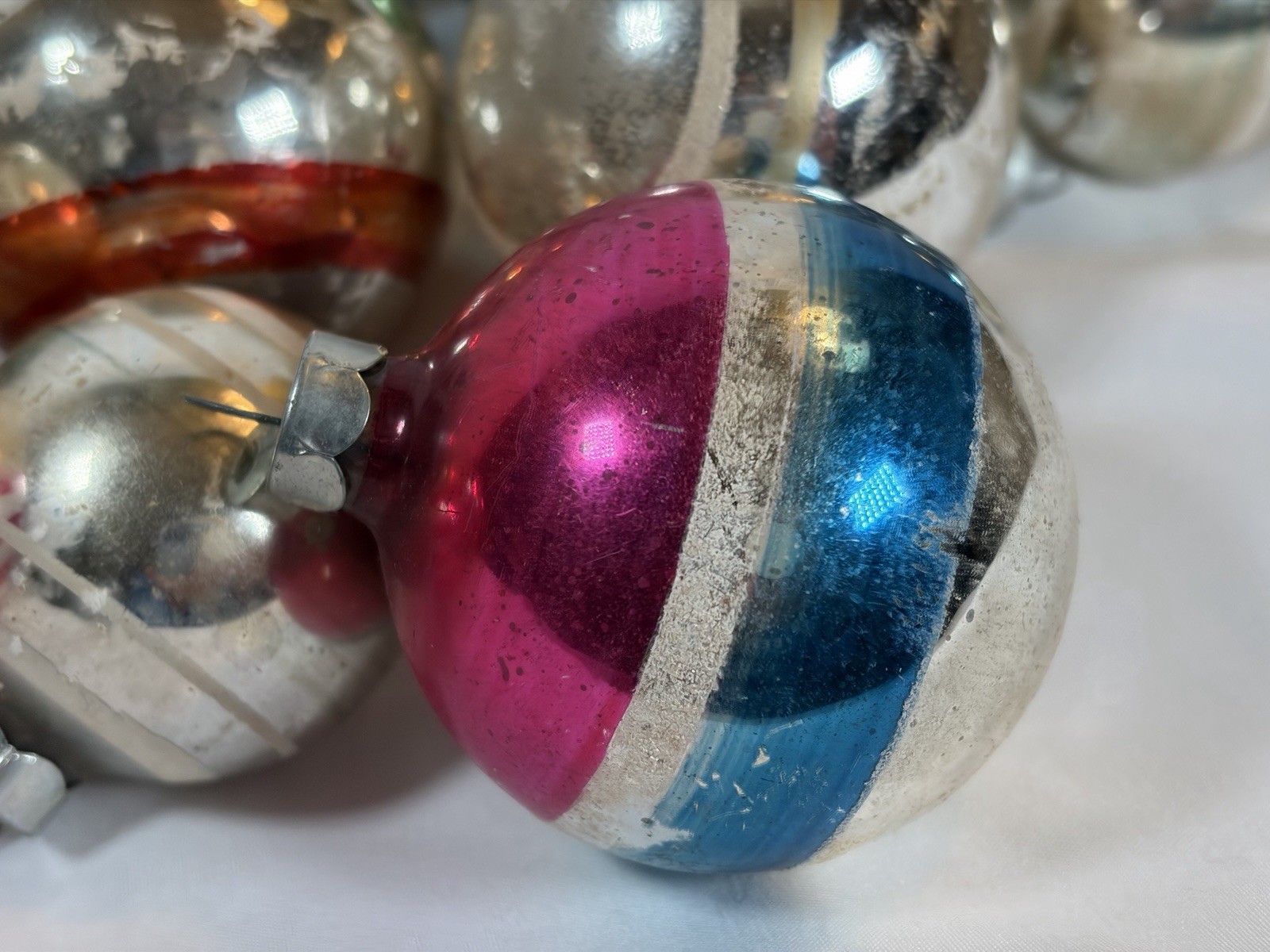 Lot 15 VTG Mixed Size / Maker Striped Shiny Brite Franke Rauch Glass Ornaments
