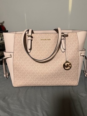 Michael Kors Pink MK Monogram Large Tote Gold Hardware Charm Inner Pockets