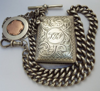 SUPERB V HEAVY 74g ANTIQUE 1891 STERLING SILVER ALBERT WATCH CHAIN & VESTA CASE