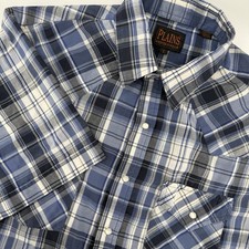 Plains Western Men s Large Short Sleeve Pearl Snap Blue Gray Plaid Shirt