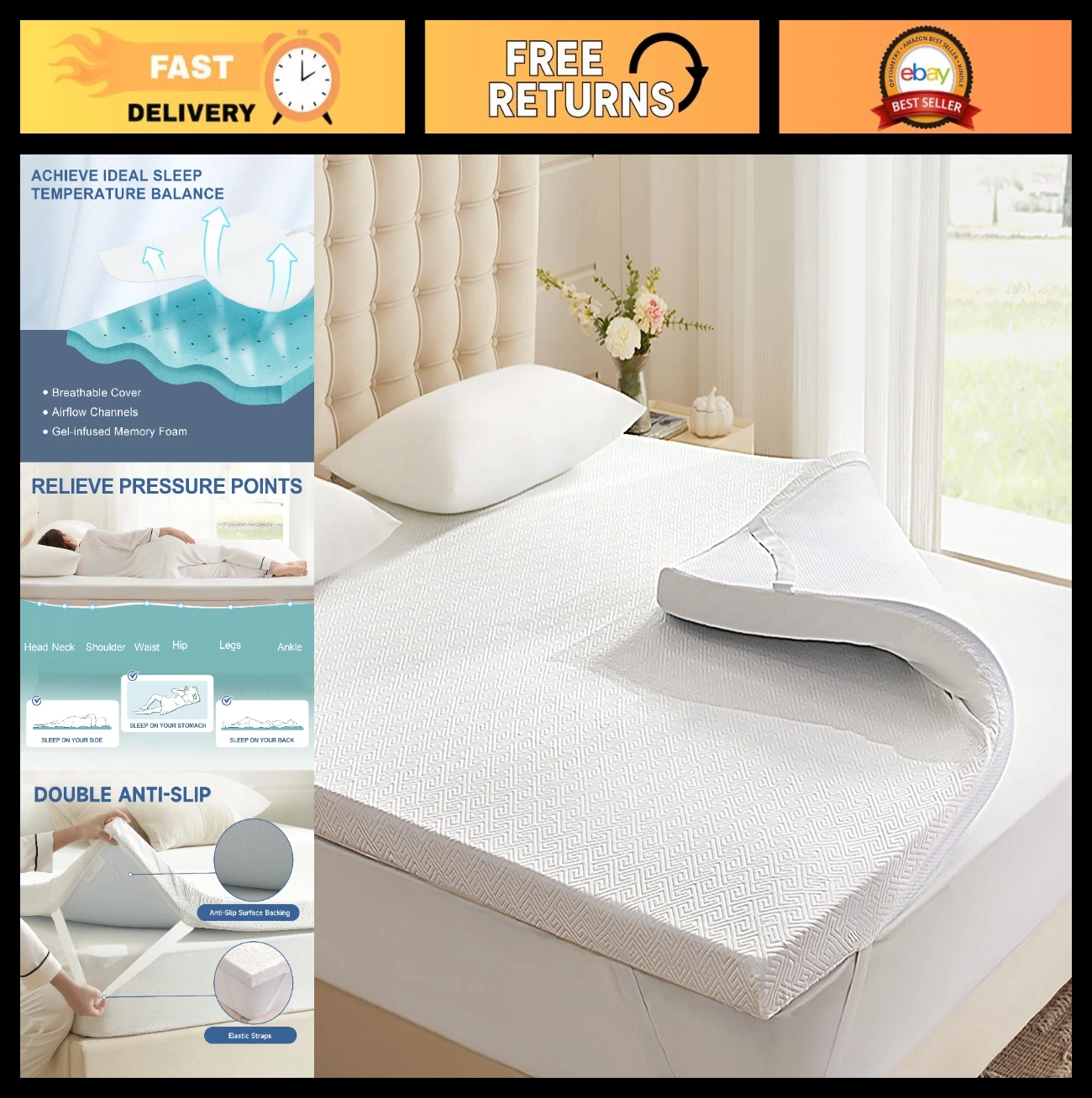 3" Twin XL Memory Foam Mattress Topper, Washable Cover, Non-Slip, Ventilated, Co