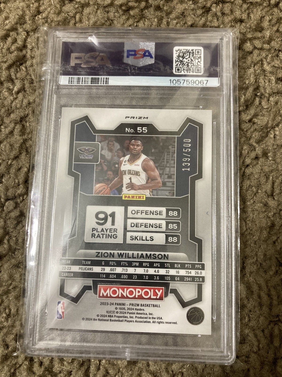 2023 prism, Monopoly Zion Williamson gold millionaire shimmer PSA/dna cert auto view 3