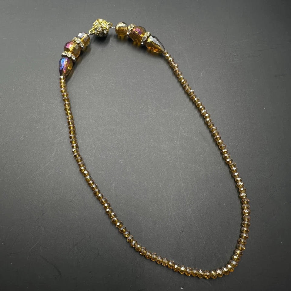 Collar de cuentas de vidrio marrón tono dorado facetado estrás cierre de bola magnético 16" Foto 3 de 4