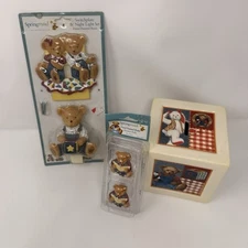 Blue Jean Teddy Bear Nursery Decor Lot Bank Night Light switch Drawer Pull Set