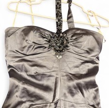 XSCAPE by Joanna Chen Gray Satin Beaded Sheath Dress Sweetheart Strappy Size 4