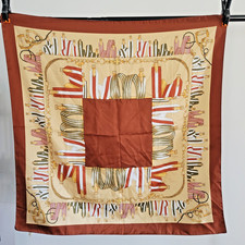 Vintage Equestrian Scarf Bridle Print Brown Border 34" Square Japan