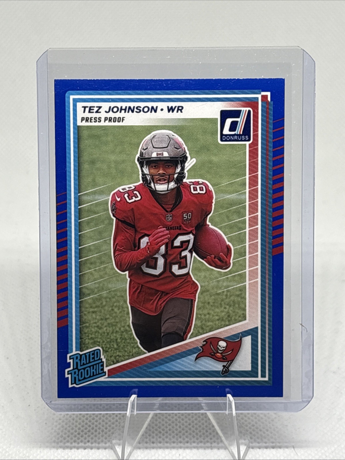 2025 Panini Donruss - Rated Rookie Tez Johnson #313 Press Proof Blue (RC)