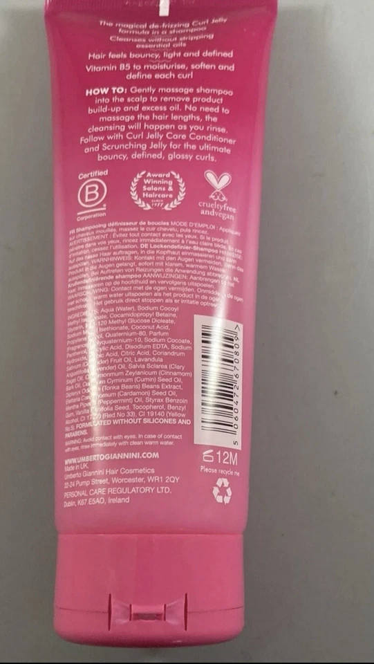 Champú Umberto Giannini Curl Jelly Wash Definor Vitamina B-5 8,4 OZ Vegano Rosa Foto 2 de 2