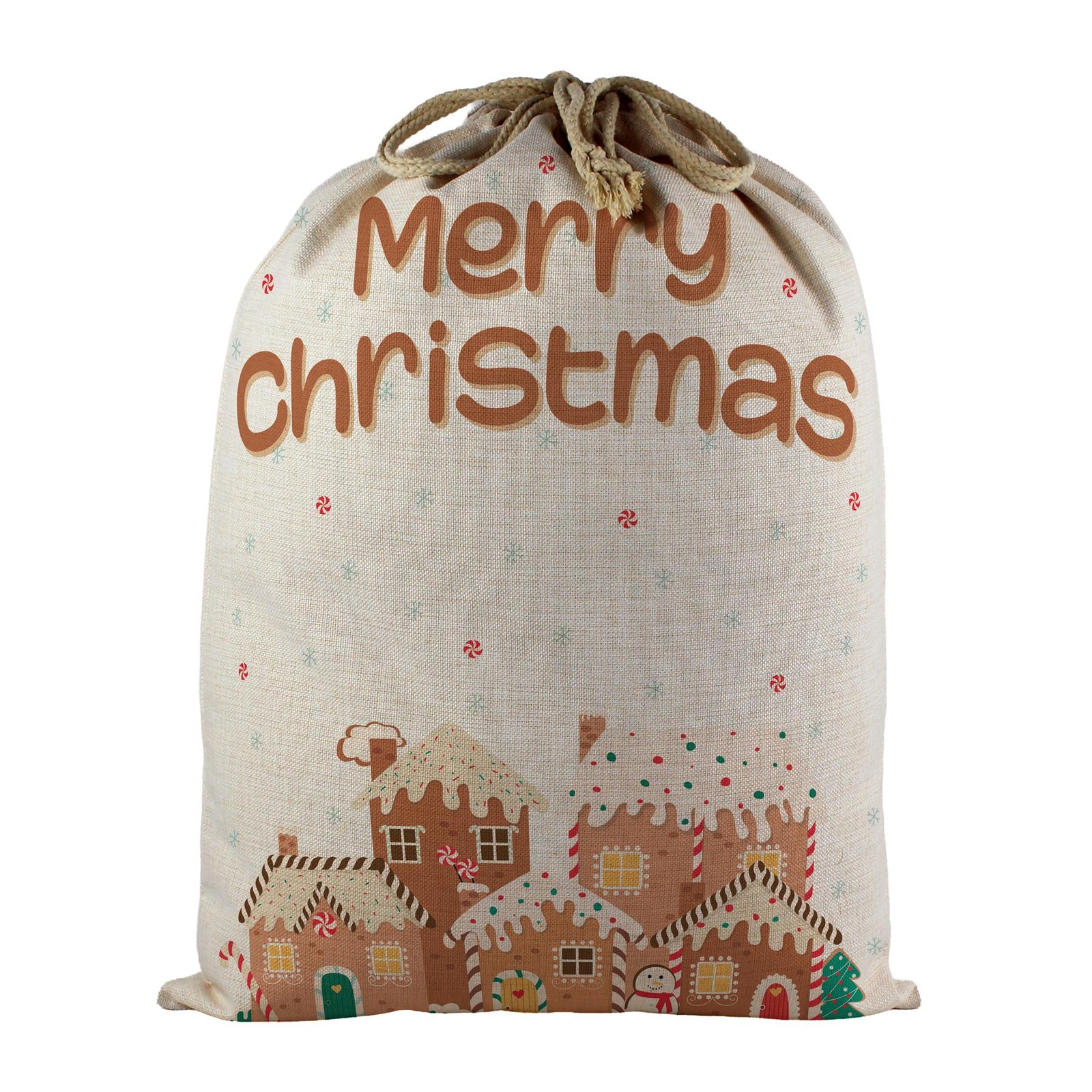Gingerbread Houses Santa Sack - Large Linen-Style Present Bag for Xmas Gifts