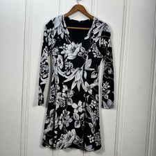 Black White Floral Dress Long Sleeve V Neck Fit Flare Made USA