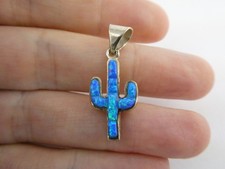 Southwestern Sterling Silver Lab Created Blue Opal Cactus Pendant 3.1g 1.25 Inch