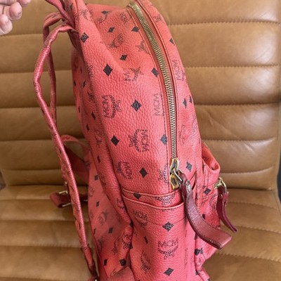 MCM Red Leather Black Logo Monogram Backpack Gold Hardware  display picture 2
