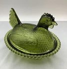 Vintage Indiana Glass Green Hen on Nest Covered Dish Beaded Rim Chicken Bowl