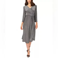 MSK Metallic Surplice Neck Jersey-Knit Midi Dress Silver Women’s Sz M