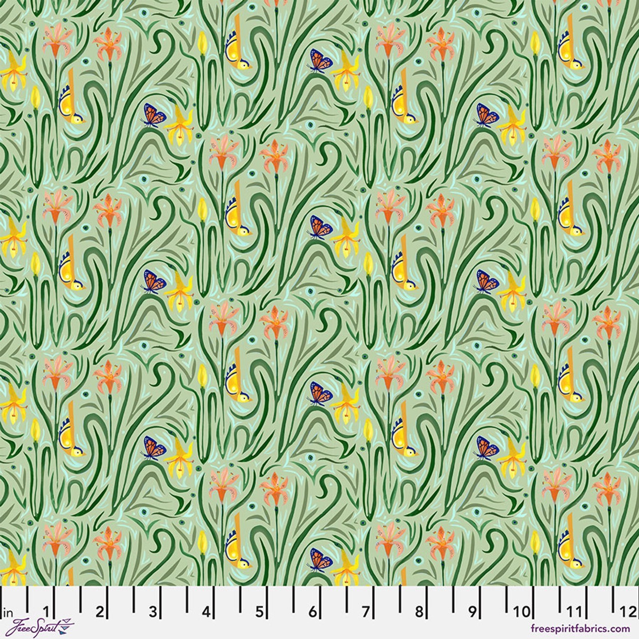 Daylily Dance, Green - Adam Trest, Quilt Fabric 100% Cotton By The Yard