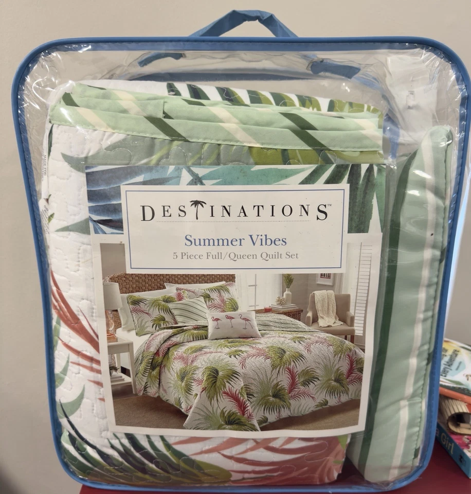 Destinations Summer Vibes Juego de Edredón 5 Piezas Coral/Blanco Completo/Reina NUEVO Foto 2 de 3